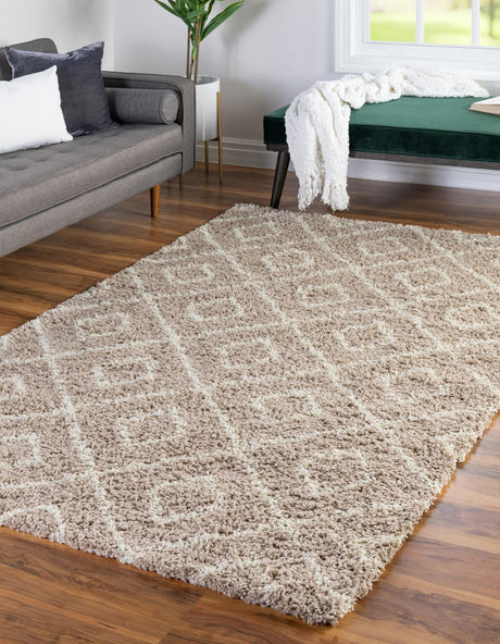 Light Brown 4' x 6' Trellis Shag Rectangle Area Rug Thick Soft Touch Fluffy & Plush Shaggy Pile