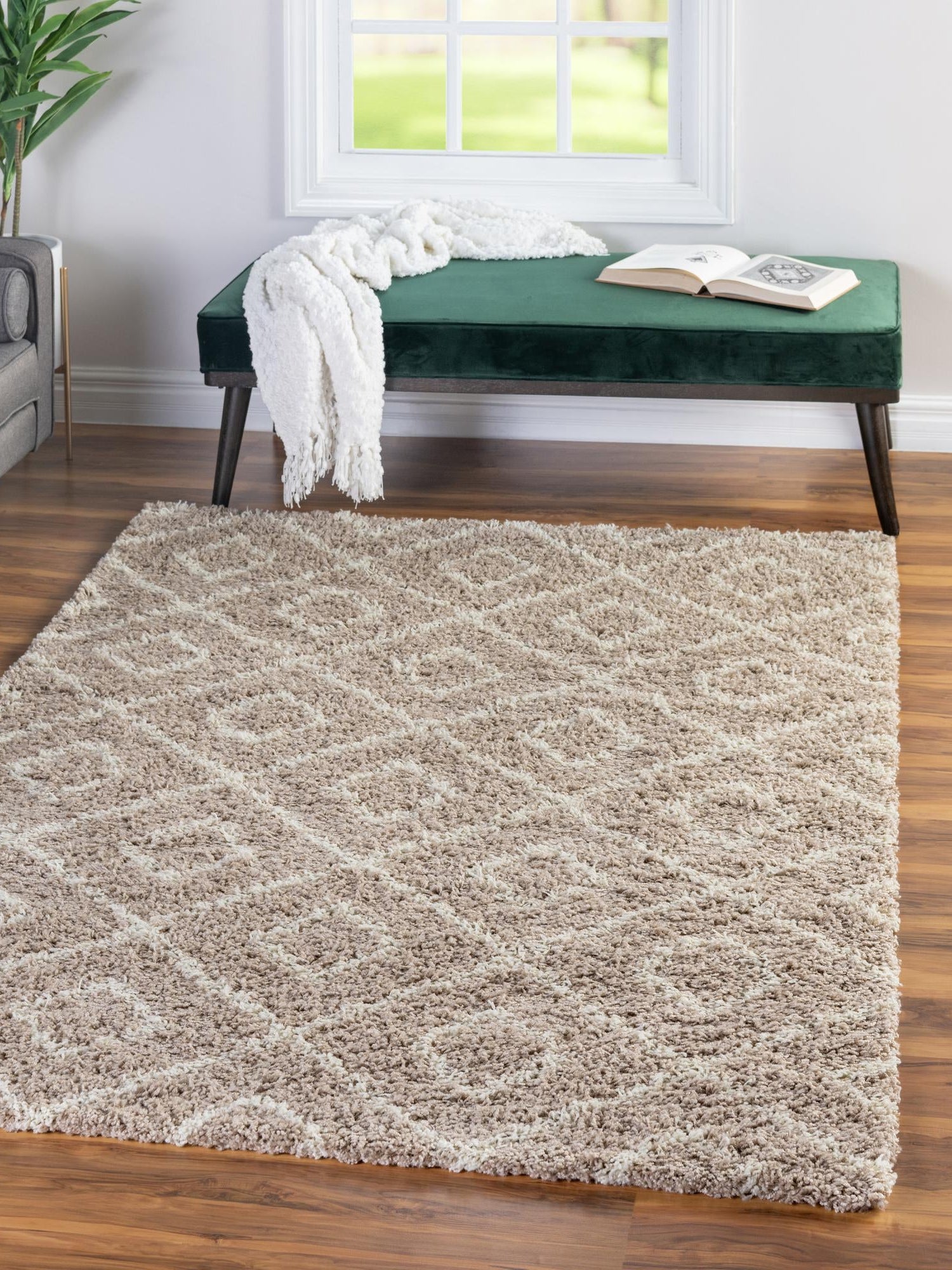 Light Brown 4' x 6' Trellis Shag Rectangle Area Rug Thick Soft Touch Fluffy & Plush Shaggy Pile Geometric Modern Unique Carpet for Home Interior Design for Sale at Rug Engine