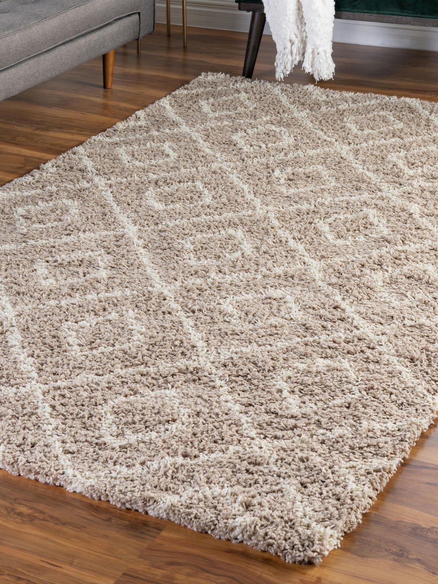 Light Brown 4' x 6' Trellis Shag Rectangle Area Rug Thick Soft Touch Fluffy & Plush Shaggy Pile Geometric Modern Unique Carpet for Home Interior Design for Sale at Rug Engine