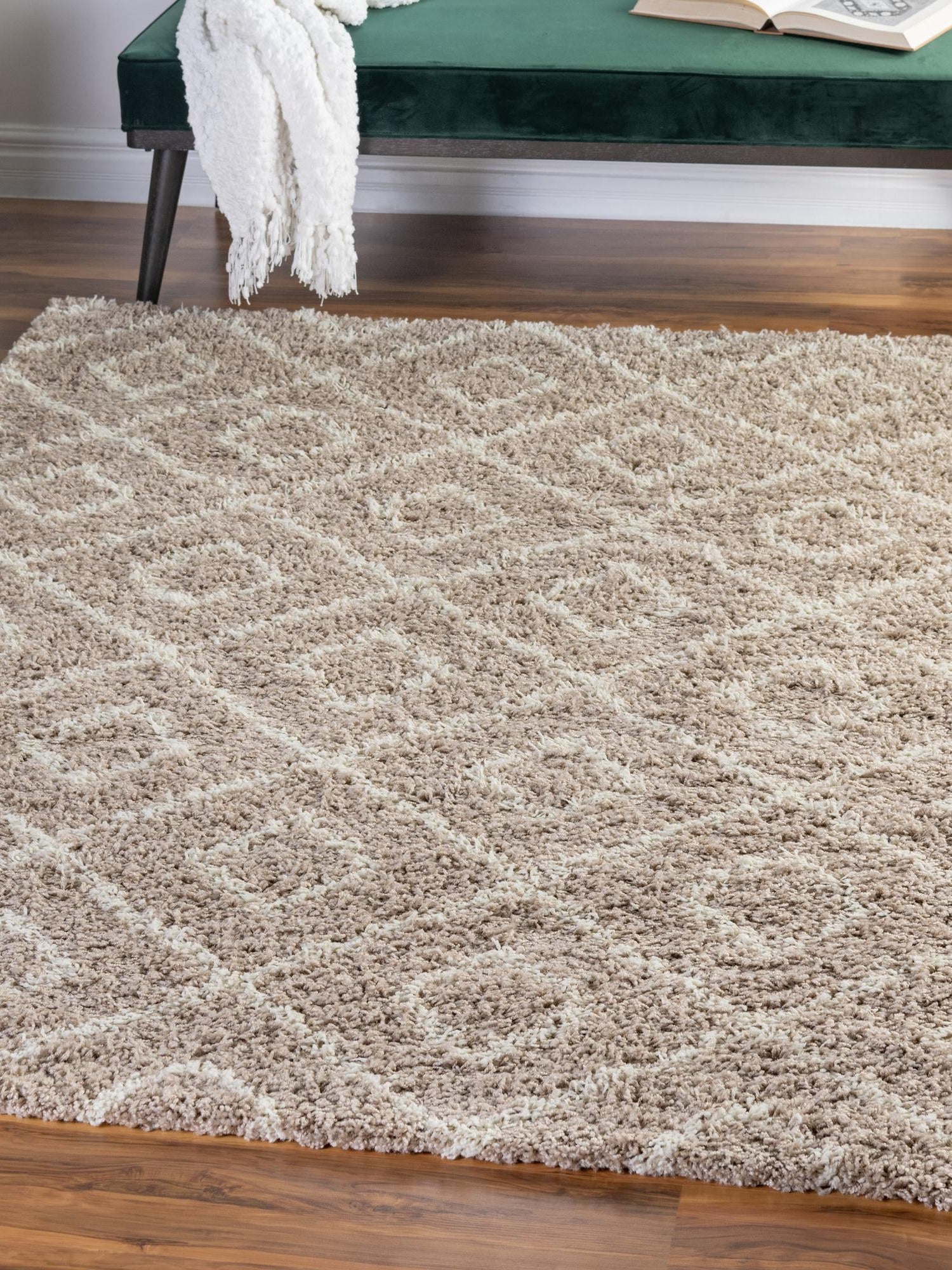 Light Brown 4' x 6' Trellis Shag Rectangle Area Rug Thick Soft Touch Fluffy & Plush Shaggy Pile Geometric Modern Unique Carpet for Home Interior Design for Sale at Rug Engine