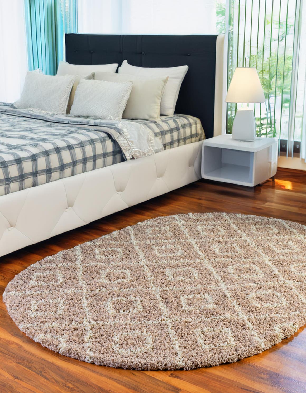 Light Brown 7' 10 x 10' Trellis Shag Oval Area Rug Thick Soft Touch Fluffy & Plush Shaggy Pile Geometric Modern Unique Carpet for Home Interior Design for Sale at Rug Engine
