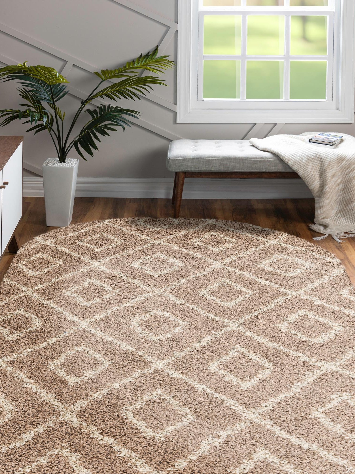 Light Brown 5' 3 x 8' Trellis Shag Oval Area Rug Thick Soft Touch Fluffy & Plush Shaggy Pile Geometric Modern Unique Carpet for Home Interior Design for Sale at Rug Engine