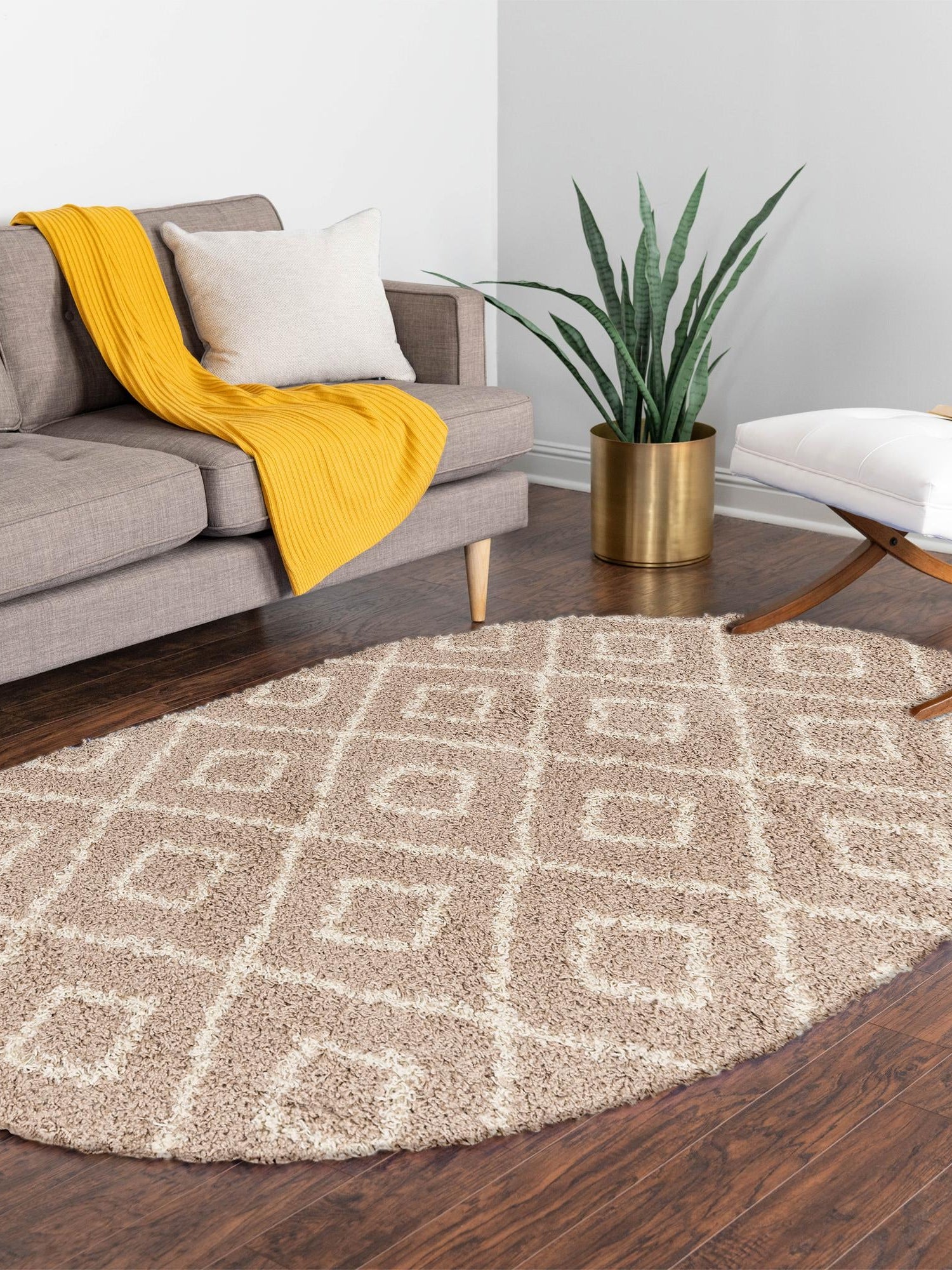 Light Brown 5' 3 x 8' Trellis Shag Oval Area Rug Thick Soft Touch Fluffy & Plush Shaggy Pile Geometric Modern Unique Carpet for Home Interior Design for Sale at Rug Engine
