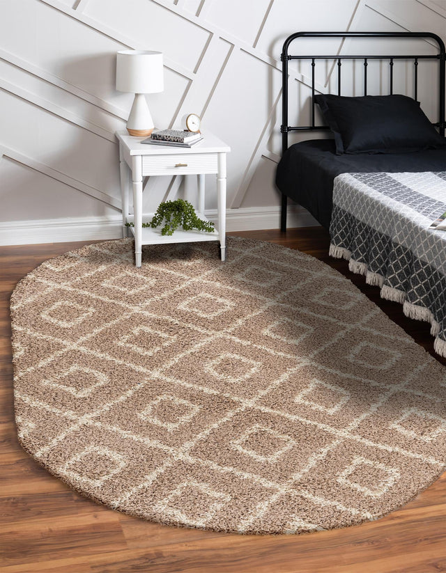 Light Brown 4' x 6' Trellis Shag Oval Area Rug Thick Soft Touch Fluffy & Plush Shaggy Pile