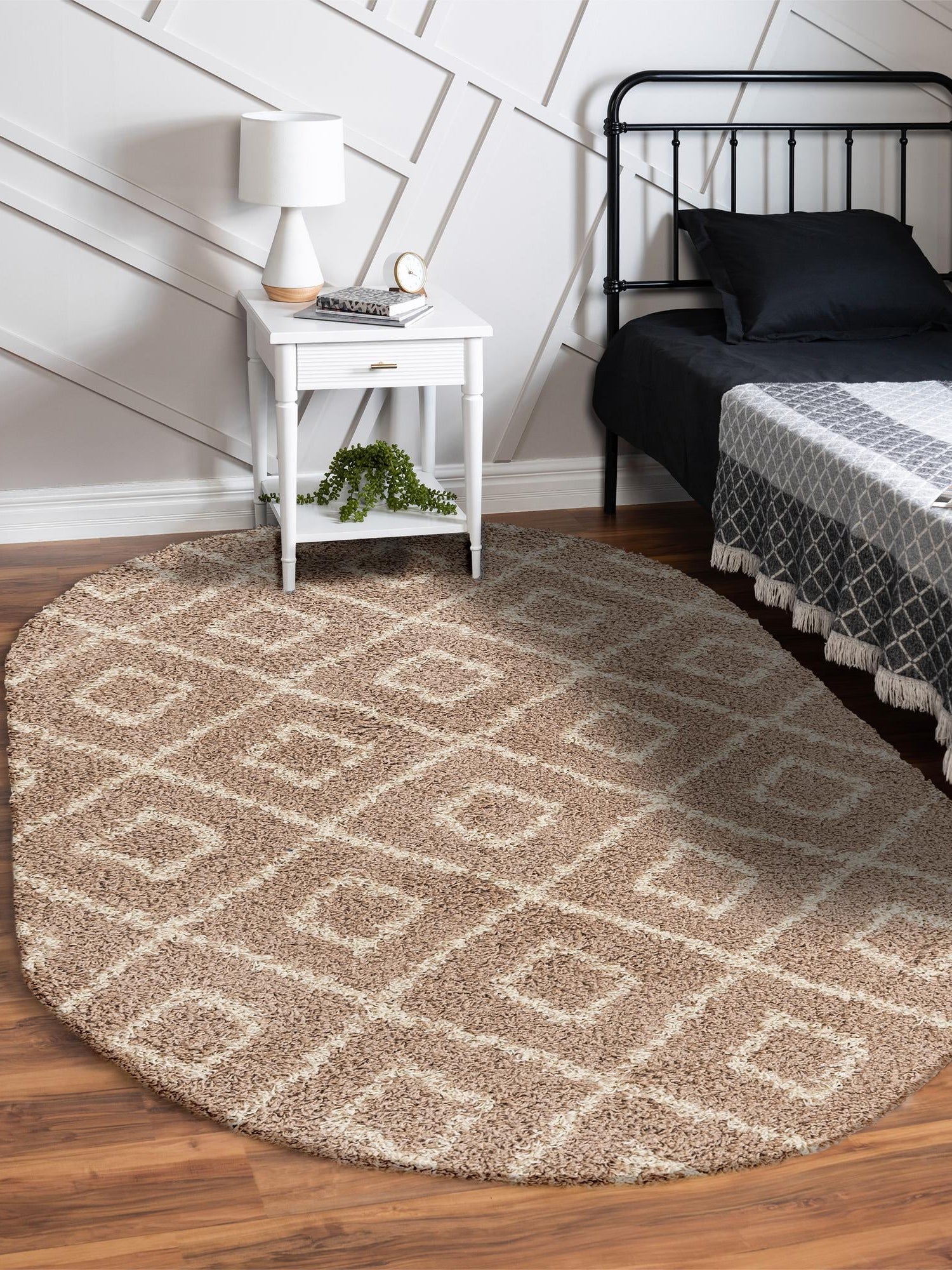 Light Brown 7' 10 x 10' Trellis Shag Oval Area Rug Thick Soft Touch Fluffy & Plush Shaggy Pile Geometric Modern Unique Carpet for Home Interior Design for Sale at Rug Engine