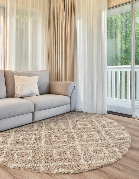 Light Brown 5' 3 x 5' 3 Trellis Shag Round Area Rug Thick Soft Touch Fluffy & Plush Shaggy Pile