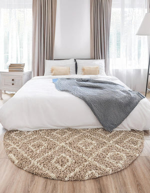 Light Brown 5' 3 x 5' 3 Trellis Shag Round Area Rug Thick Soft Touch Fluffy & Plush Shaggy Pile