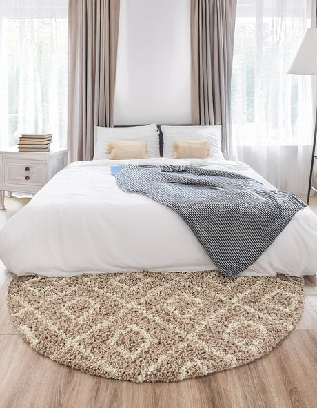 Light Brown 5' 3 x 5' 3 Trellis Shag Round Area Rug Thick Soft Touch Fluffy & Plush Shaggy Pile