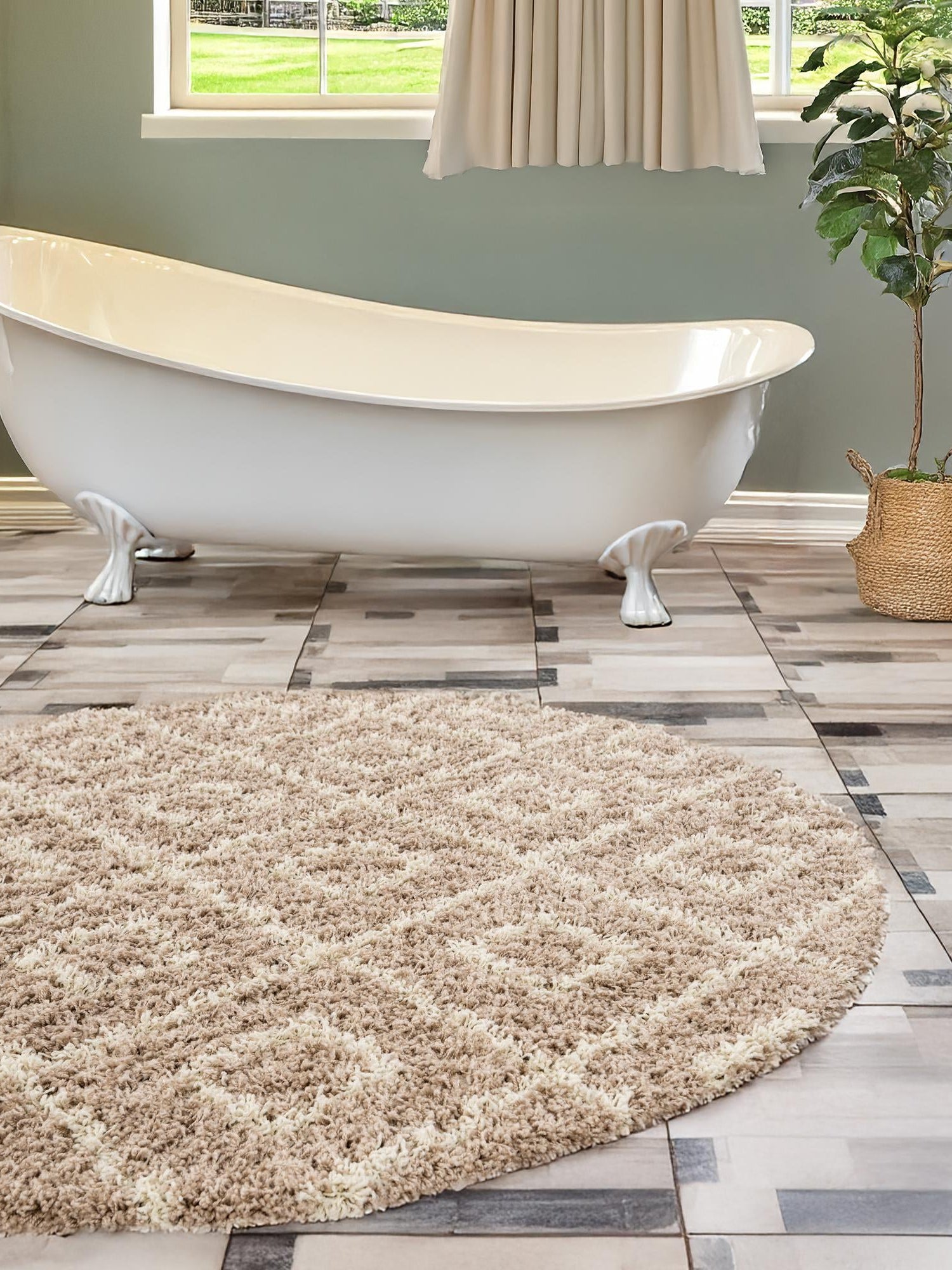 Light Brown 6' x 6' Trellis Shag Round Area Rug Thick Soft Touch Fluffy & Plush Shaggy Pile Geometric Modern Unique Carpet for Home Interior Design for Sale at Rug Engine