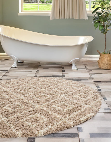 Light Brown 6' x 6' Trellis Shag Round Area Rug Thick Soft Touch Fluffy & Plush Shaggy Pile Geometric Modern Unique Carpet for Home Interior Design for Sale at Rug Engine
