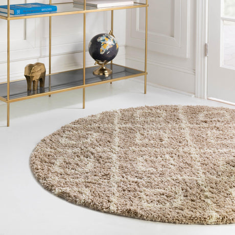 Light Brown 7' 10 x 7' 10 Trellis Shag Round Area Rug Thick Soft Touch Fluffy & Plush Shaggy Pile Geometric Modern Unique Carpet for Home Interior Design for Sale at Rug Engine