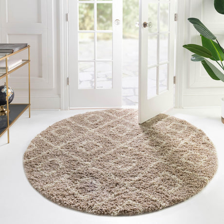Light Brown 7' 10 x 7' 10 Trellis Shag Round Area Rug Thick Soft Touch Fluffy & Plush Shaggy Pile Geometric Modern Unique Carpet for Home Interior Design for Sale at Rug Engine