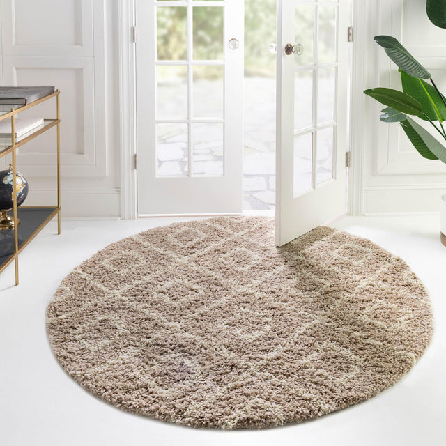 Light Brown 7' 10 x 7' 10 Trellis Shag Round Area Rug Thick Soft Touch Fluffy & Plush Shaggy Pile
