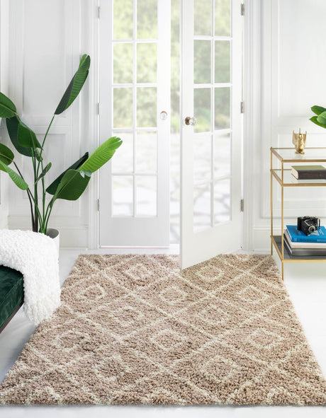 Light Brown 10' x 10' Trellis Shag Square Area Rug Thick Soft Touch Fluffy & Plush Shaggy Pile