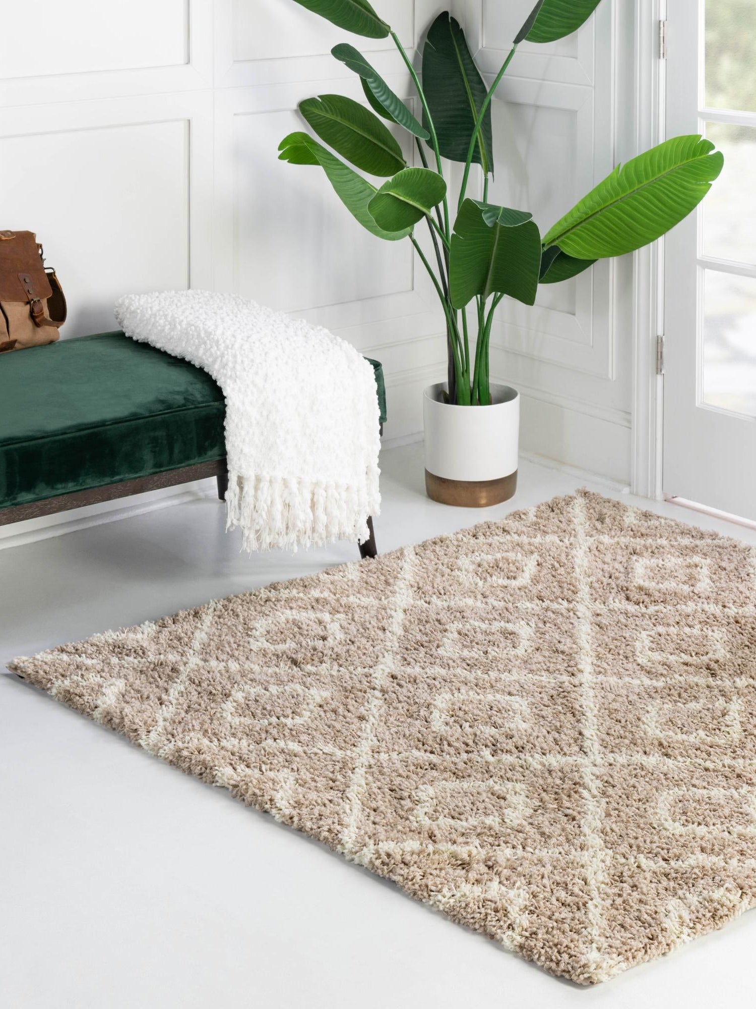 Light Brown 7' 10 x 7' 10 Trellis Shag Square Area Rug Thick Soft Touch Fluffy & Plush Shaggy Pile Geometric Modern Unique Carpet for Home Interior Design for Sale at Rug Engine