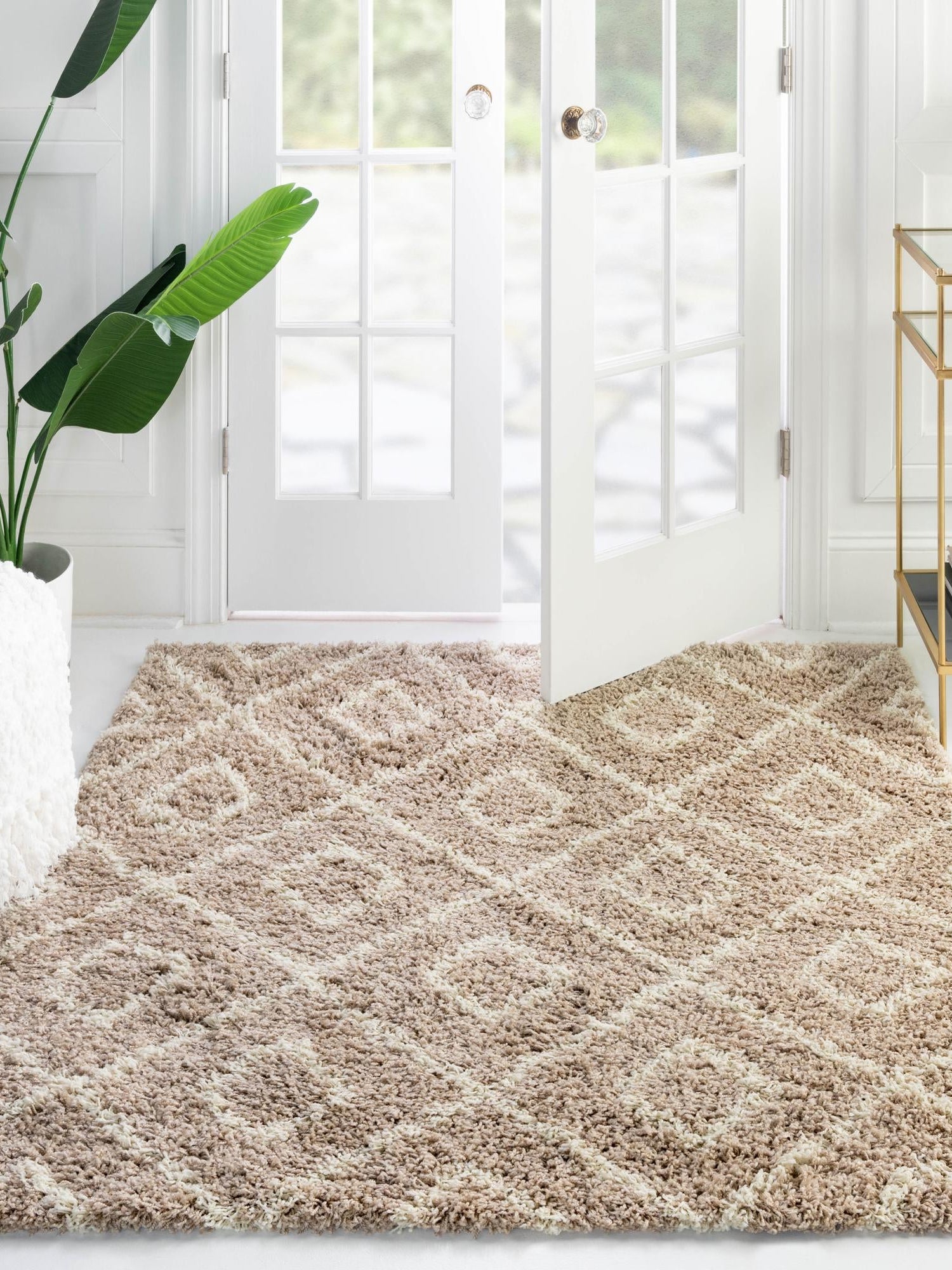 Light Brown 7' 10 x 7' 10 Trellis Shag Square Area Rug Thick Soft Touch Fluffy & Plush Shaggy Pile Geometric Modern Unique Carpet for Home Interior Design for Sale at Rug Engine