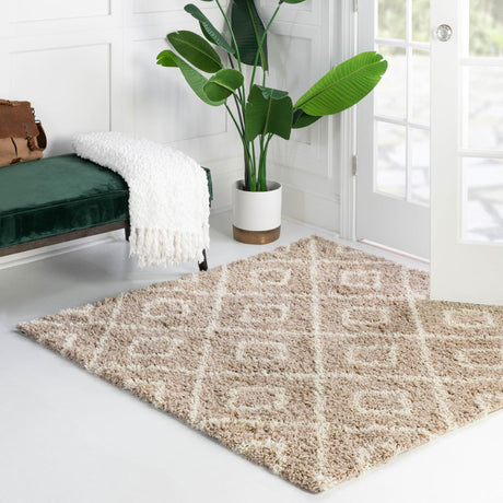 Light Brown 6' x 6' Trellis Shag Square Area Rug Thick Soft Touch Fluffy & Plush Shaggy Pile Geometric Modern Unique Carpet for Home Interior Design for Sale at Rug Engine