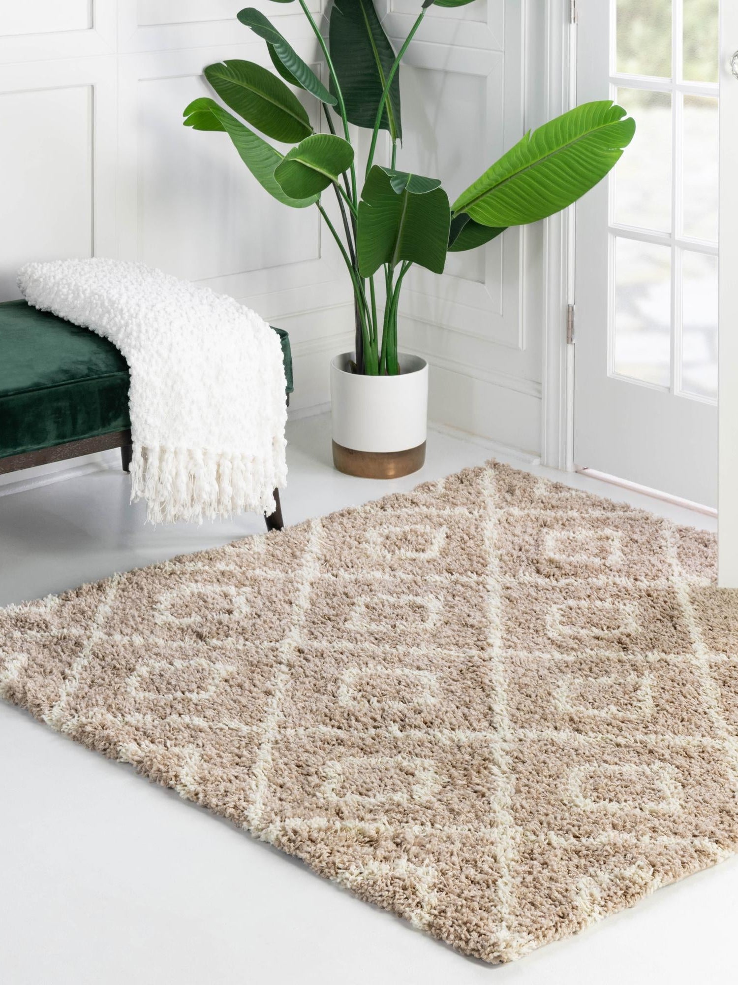 Light Brown 7' 10 x 7' 10 Trellis Shag Square Area Rug Thick Soft Touch Fluffy & Plush Shaggy Pile Geometric Modern Unique Carpet for Home Interior Design for Sale at Rug Engine
