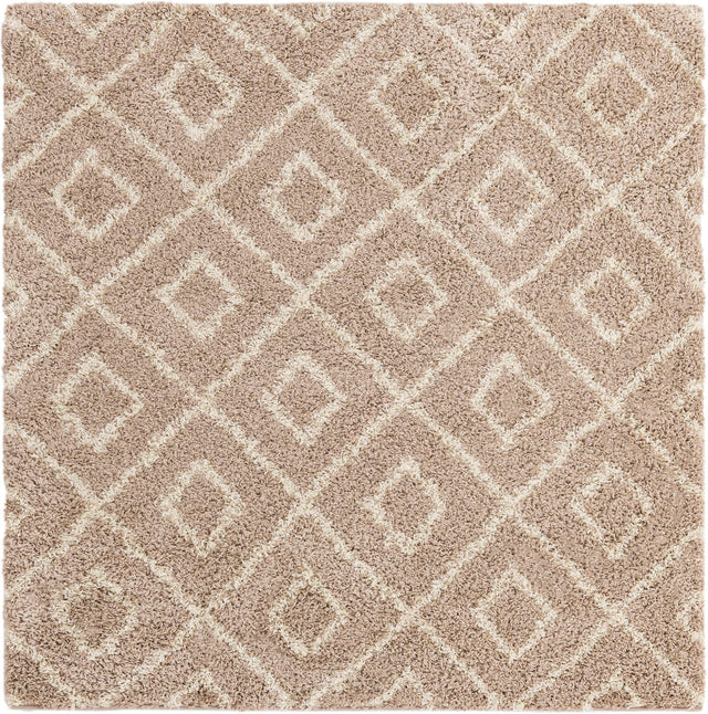 Light Brown 6' x 6' Trellis Shag Square Area Rug Thick Soft Touch Fluffy & Plush Shaggy Pile