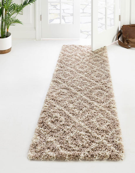 Light Brown 2' x 7' Trellis Shag Runner Area Rug Thick Soft Touch Fluffy & Plush Shaggy Pile