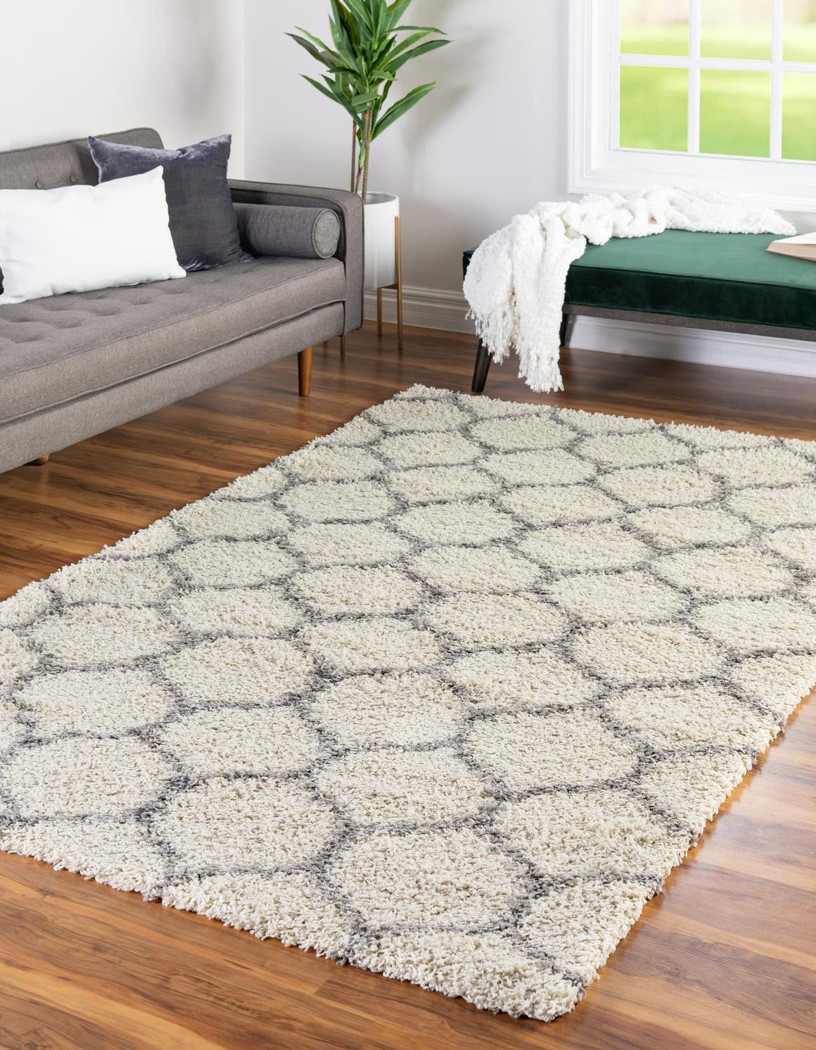 Ivory 6' x 9' Trellis Shag Rectangle Area Rug Thick Soft Touch Fluffy & Plush Shaggy Pile Geometric Modern Unique Carpet for Home Interior Design for Sale at Rug Engine