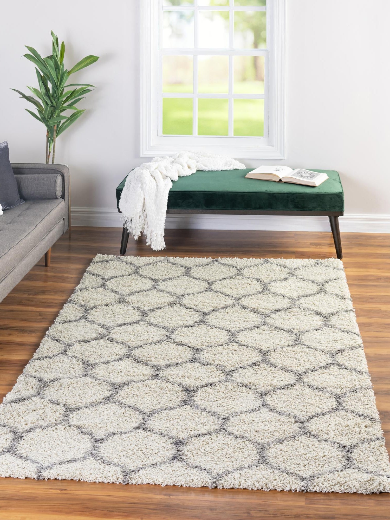 Ivory 7' 10 x 10' Trellis Shag Rectangle Area Rug Thick Soft Touch Fluffy & Plush Shaggy Pile Geometric Modern Unique Carpet for Home Interior Design for Sale at Rug Engine