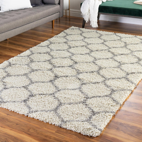 Ivory 10' 8 x 14' Trellis Shag Rectangle Area Rug Thick Soft Touch Fluffy & Plush Shaggy Pile Geometric Modern Unique Carpet for Home Interior Design for Sale at Rug Engine