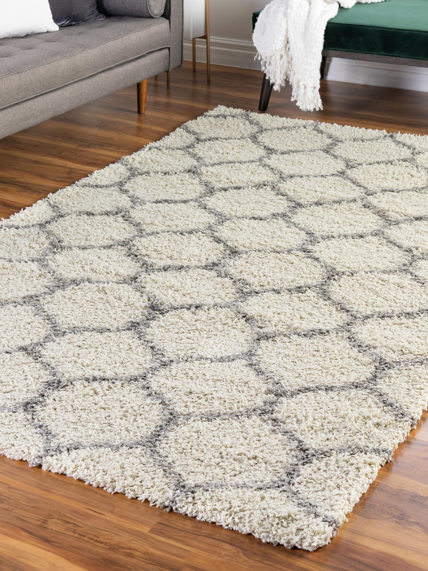 Ivory 10' x 13' Trellis Shag Rectangle Area Rug Thick Soft Touch Fluffy & Plush Shaggy Pile Geometric Modern Unique Carpet for Home Interior Design for Sale at Rug Engine