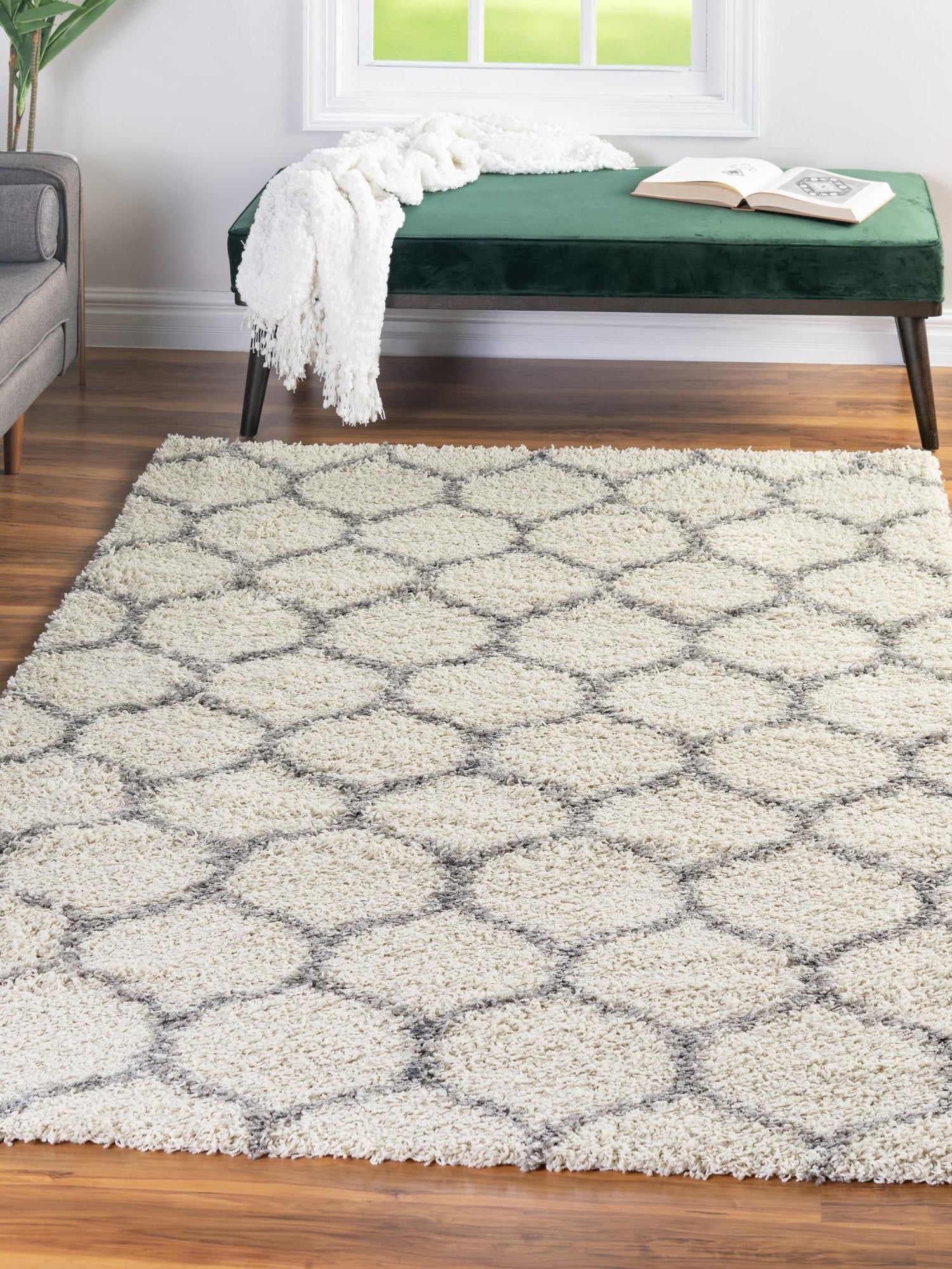 Ivory 5' 3 x 8' Trellis Shag Rectangle Area Rug Thick Soft Touch Fluffy & Plush Shaggy Pile Geometric Modern Unique Carpet for Home Interior Design for Sale at Rug Engine