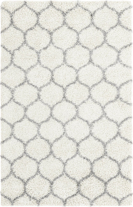 Ivory 5' 3 x 8' Trellis Shag Rectangle Area Rug Thick Soft Touch Fluffy & Plush Shaggy Pile Geometric Modern Unique Carpet for Home Interior Design for Sale at Rug Engine