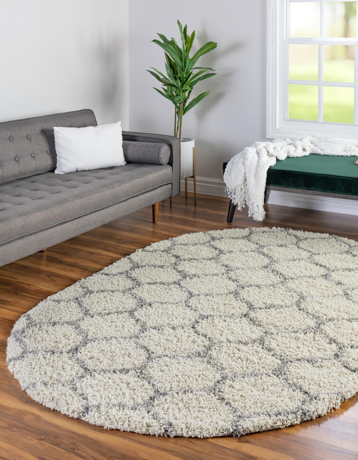 Ivory 7' 10 x 10' Trellis Shag Oval Area Rug Thick Soft Touch Fluffy & Plush Shaggy Pile Geometric Modern Unique Carpet for Home Interior Design for Sale at Rug Engine