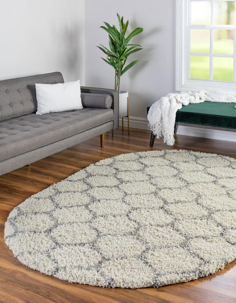 Ivory 7' 10 x 10' Trellis Shag Oval Area Rug Thick Soft Touch Fluffy & Plush Shaggy Pile