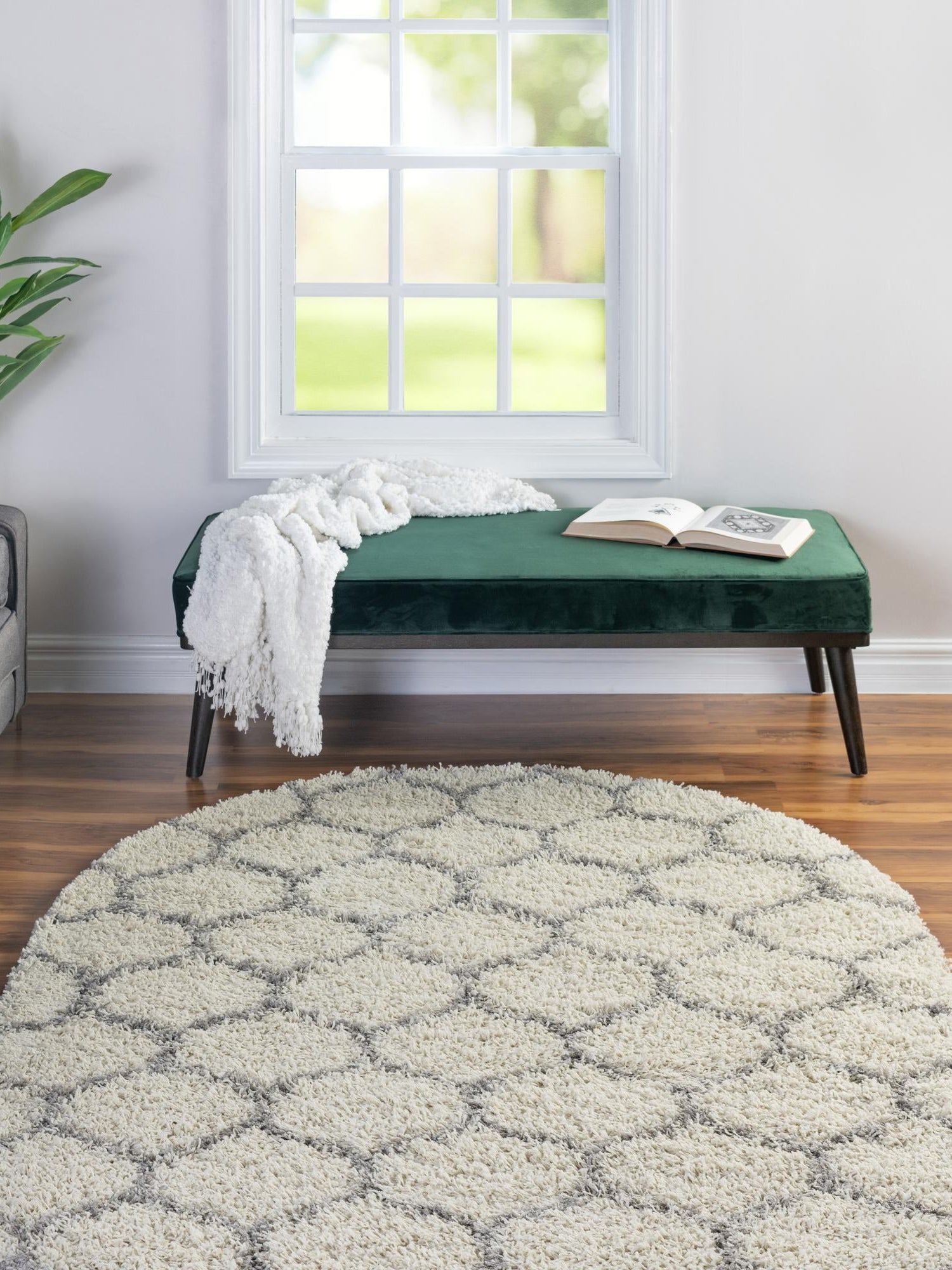 Ivory 5' 3 x 8' Trellis Shag Oval Area Rug Thick Soft Touch Fluffy & Plush Shaggy Pile Geometric Modern Unique Carpet for Home Interior Design for Sale at Rug Engine