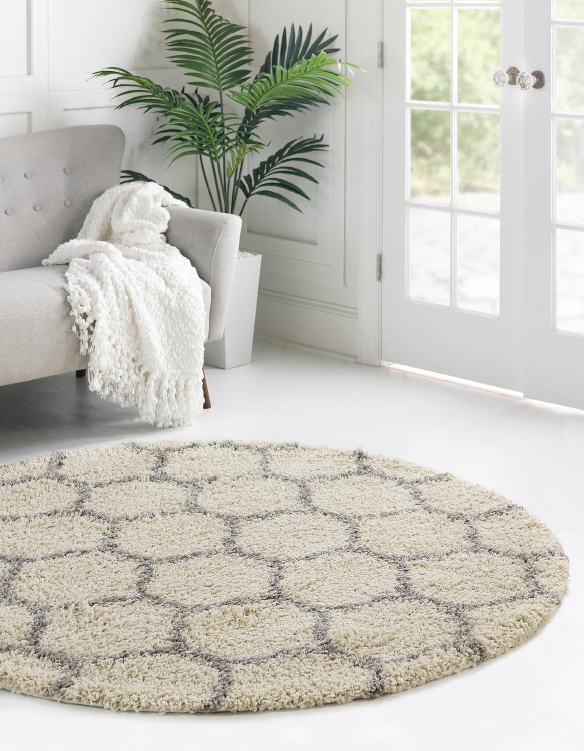 Ivory 7' 10 x 7' 10 Trellis Shag Round Area Rug Thick Soft Touch Fluffy & Plush Shaggy Pile Geometric Modern Unique Carpet for Home Interior Design for Sale at Rug Engine