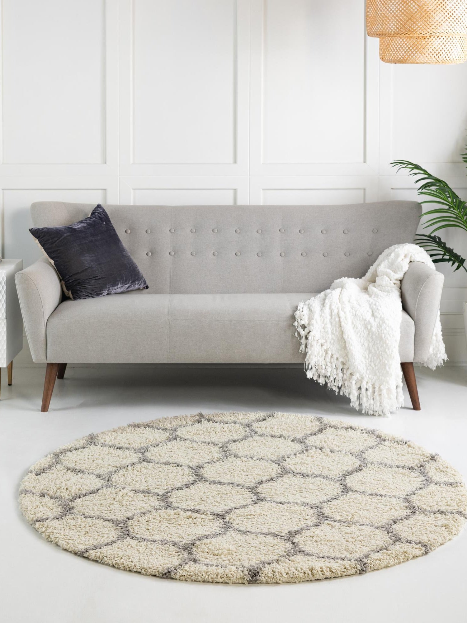 Ivory 6' x 6' Trellis Shag Round Area Rug Thick Soft Touch Fluffy & Plush Shaggy Pile