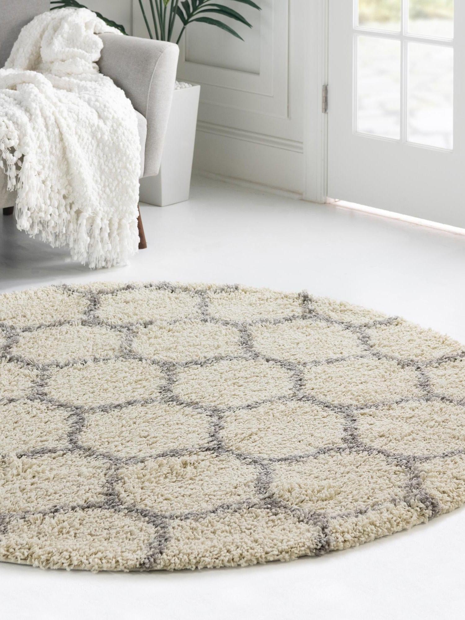 Ivory 6' x 6' Trellis Shag Round Area Rug Thick Soft Touch Fluffy & Plush Shaggy Pile