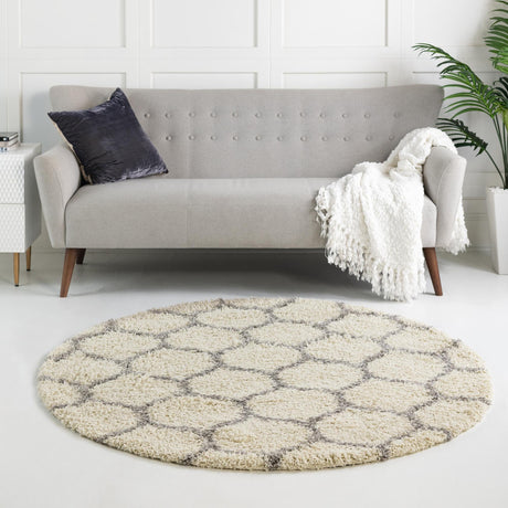Ivory 7' 10 x 7' 10 Trellis Shag Round Area Rug Thick Soft Touch Fluffy & Plush Shaggy Pile Geometric Modern Unique Carpet for Home Interior Design for Sale at Rug Engine