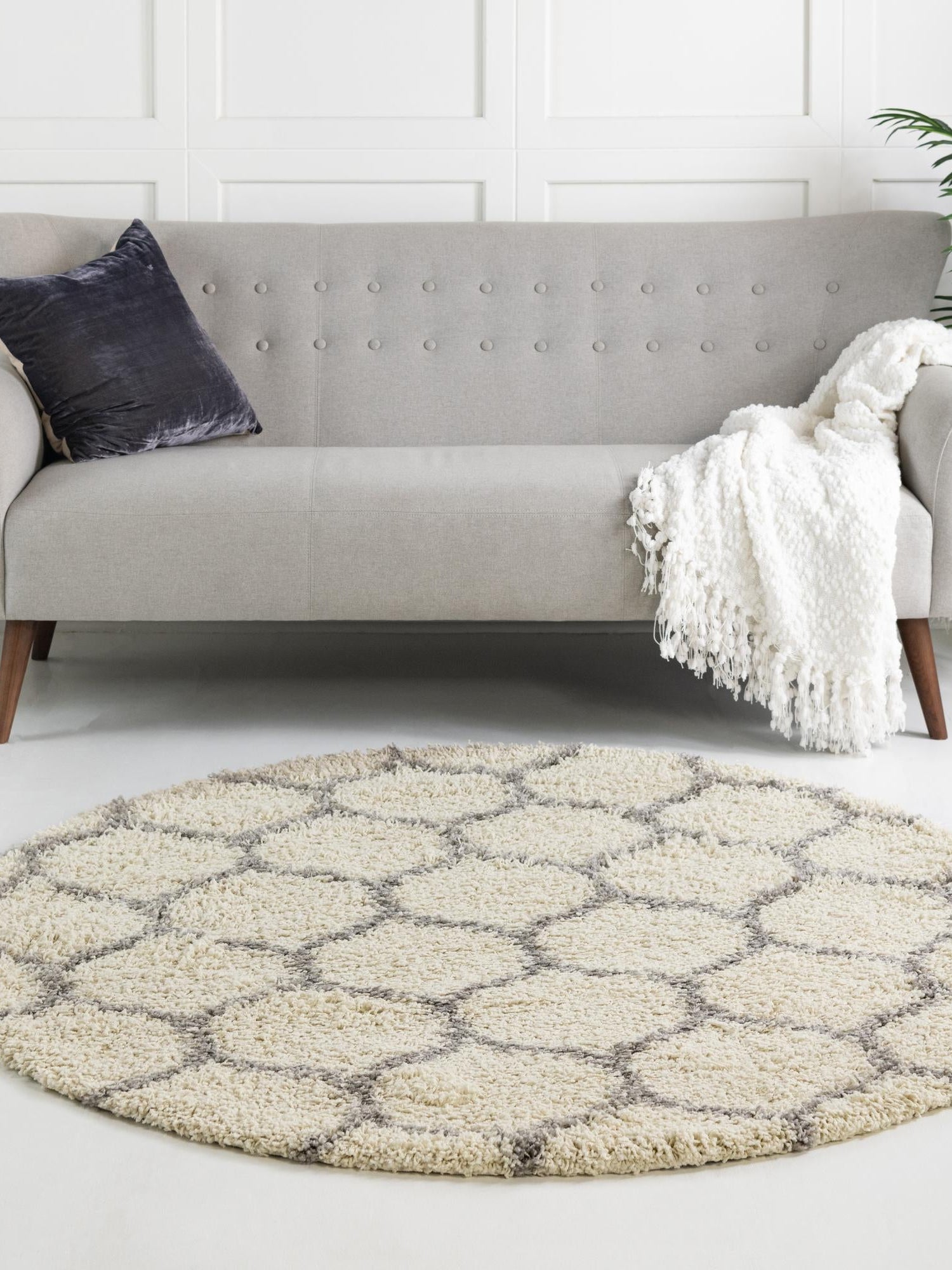 Ivory 6' x 6' Trellis Shag Round Area Rug Thick Soft Touch Fluffy & Plush Shaggy Pile