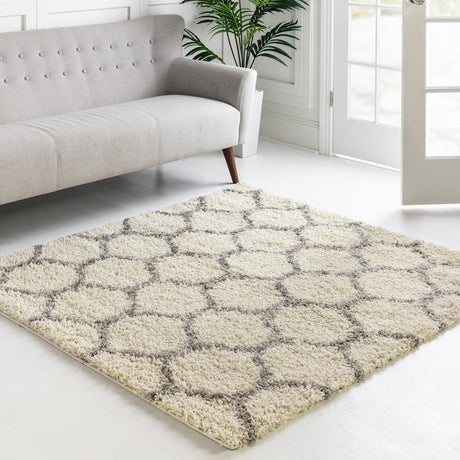Ivory 5' 3 x 5' 3 Trellis Shag Square Area Rug Thick Soft Touch Fluffy & Plush Shaggy Pile