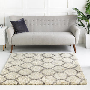 Ivory 4' x 4' Trellis Shag Square Area Rug Thick Soft Touch Fluffy & Plush Shaggy Pile