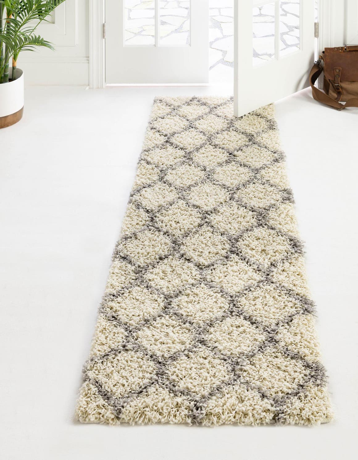 Ivory 2' x 6' Trellis Shag Runner Area Rug Thick Soft Touch Fluffy & Plush Shaggy Pile Geometric Modern Unique Carpet for Home Interior Design for Sale at Rug Engine