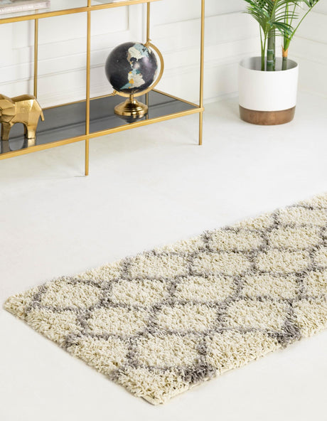 Ivory 2' x 6' Trellis Shag Runner Area Rug Thick Soft Touch Fluffy & Plush Shaggy Pile