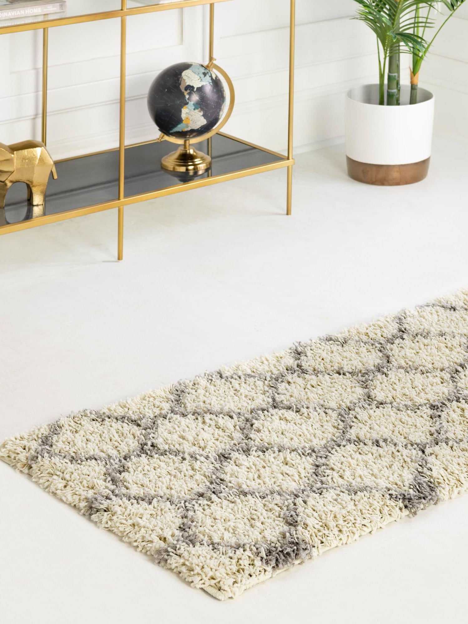 Ivory 2' x 5' Trellis Shag Runner Area Rug Thick Soft Touch Fluffy & Plush Shaggy Pile Geometric Modern Unique Carpet for Home Interior Design for Sale at Rug Engine