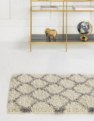 Ivory 2' 7 x 12' Trellis Shag Runner Area Rug Thick Soft Touch Fluffy & Plush Shaggy Pile