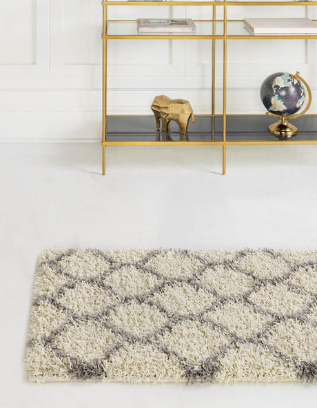 Ivory 2' 7 x 12' Trellis Shag Runner Area Rug Thick Soft Touch Fluffy & Plush Shaggy Pile Geometric Modern Unique Carpet for Home Interior Design for Sale at Rug Engine