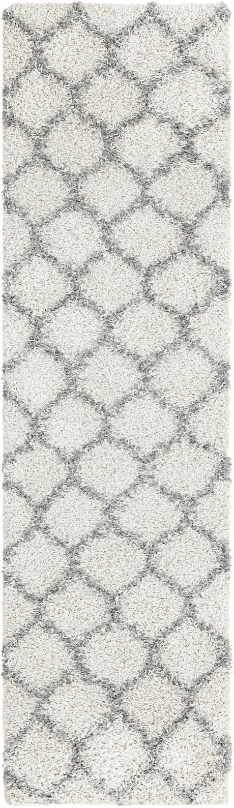 Ivory 2' 7 x 10' Trellis Shag Runner Area Rug Thick Soft Touch Fluffy & Plush Shaggy Pile Geometric Modern Unique Carpet for Home Interior Design for Sale at Rug Engine