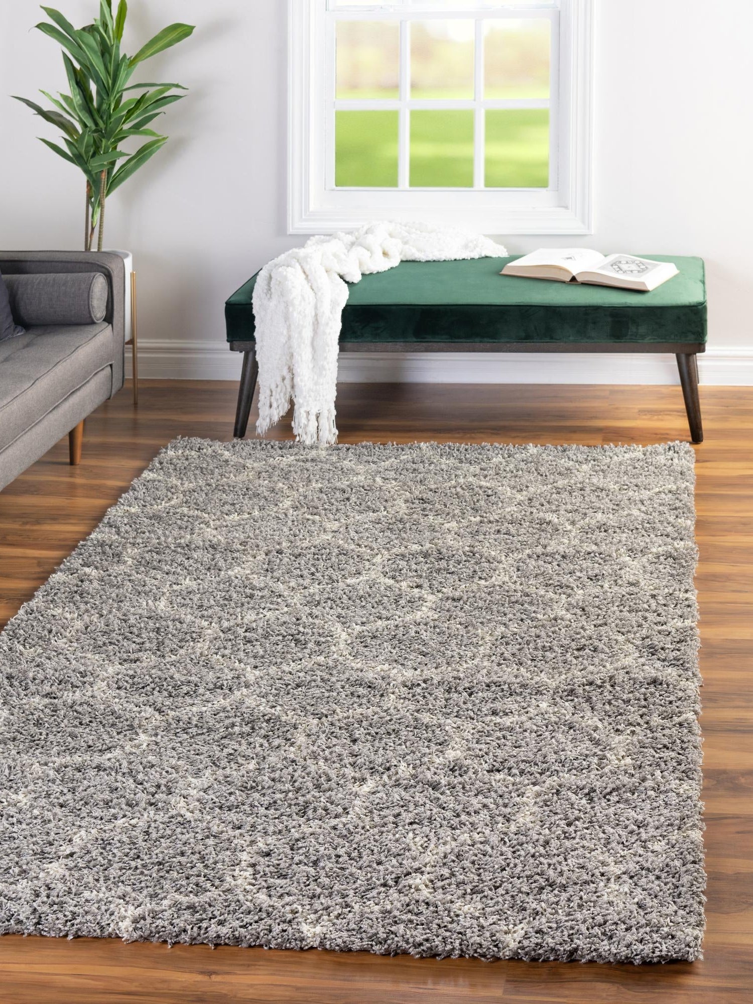 Gray 10' 8 x 14' Trellis Shag Rectangle Area Rug Thick Soft Touch Fluffy & Plush Shaggy Pile Geometric Modern Unique Carpet for Home Interior Design for Sale at Rug Engine