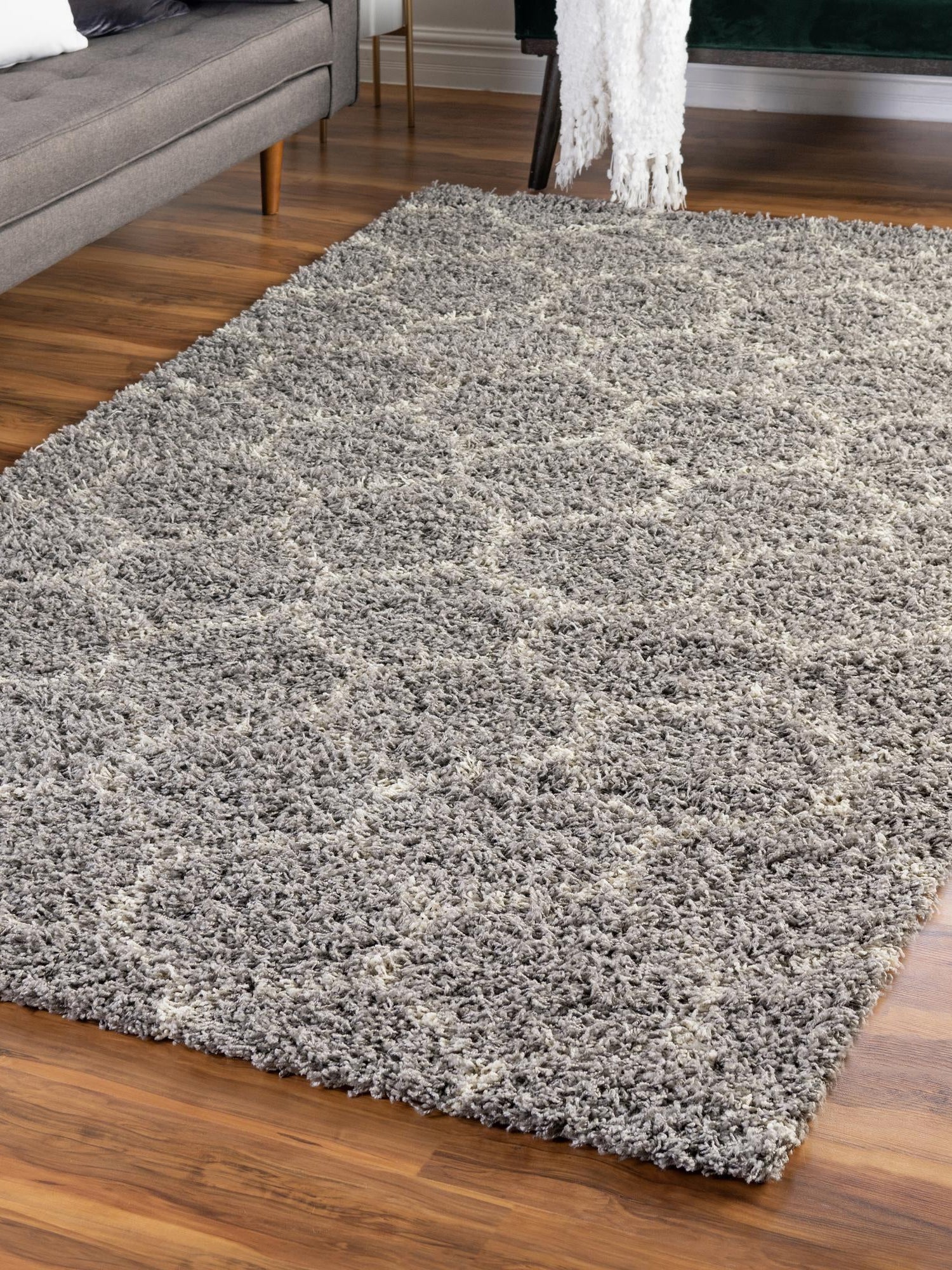 Gray 4' x 6' Trellis Shag Rectangle Area Rug Thick Soft Touch Fluffy & Plush Shaggy Pile Geometric Modern Unique Carpet for Home Interior Design for Sale at Rug Engine
