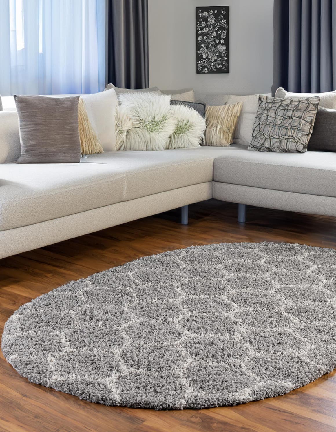 Gray 7' 10 x 10' Trellis Shag Oval Area Rug Thick Soft Touch Fluffy & Plush Shaggy Pile Geometric Modern Unique Carpet for Home Interior Design for Sale at Rug Engine