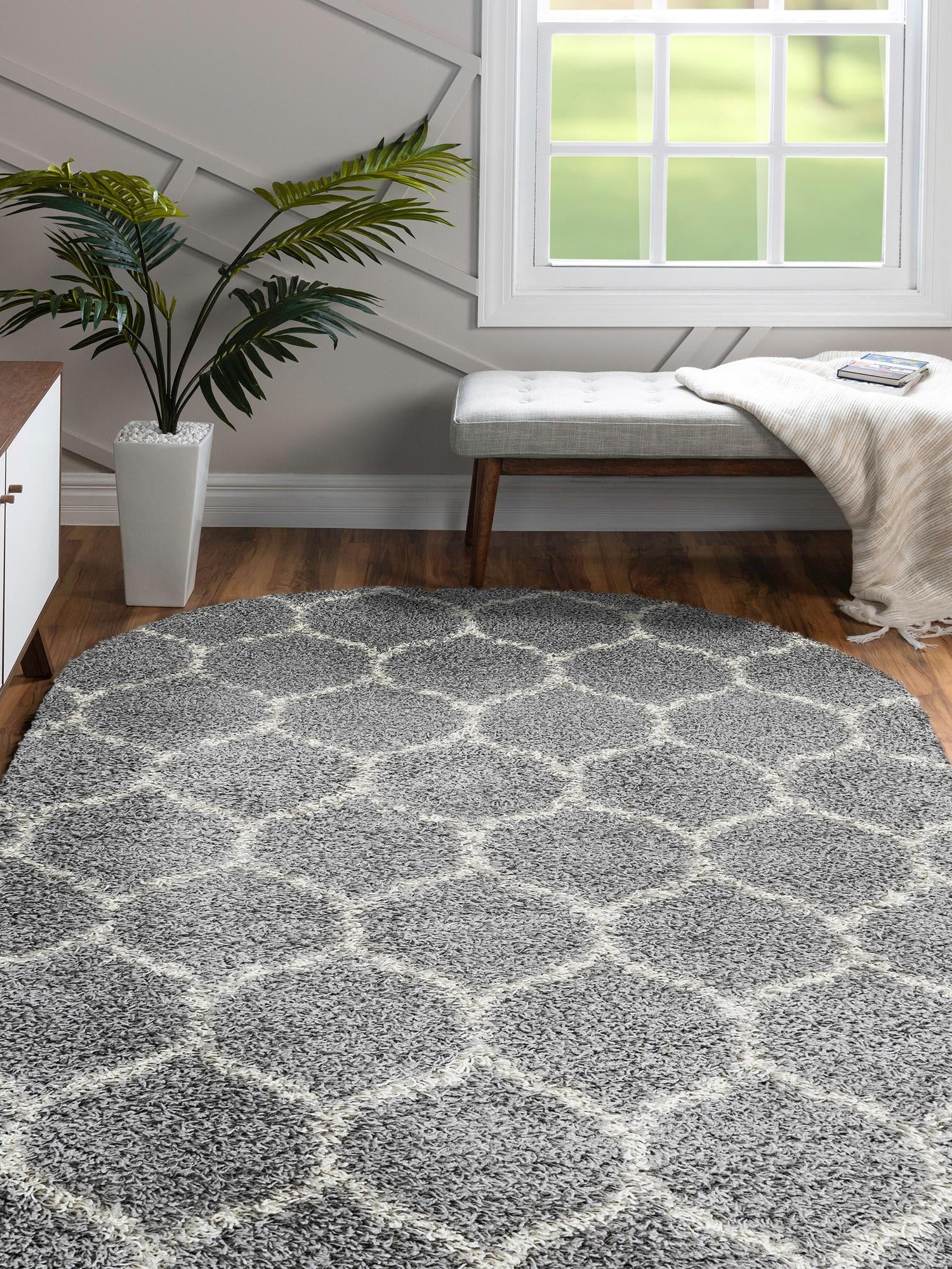 Gray 7' 10 x 10' Trellis Shag Oval Area Rug Thick Soft Touch Fluffy & Plush Shaggy Pile Geometric Modern Unique Carpet for Home Interior Design for Sale at Rug Engine